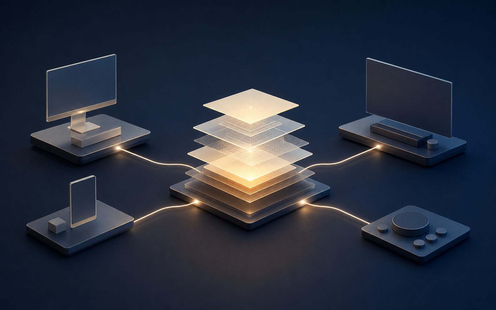 Abstract conceptual illustration of a platform-neutral software specification supporting several modern device targets.