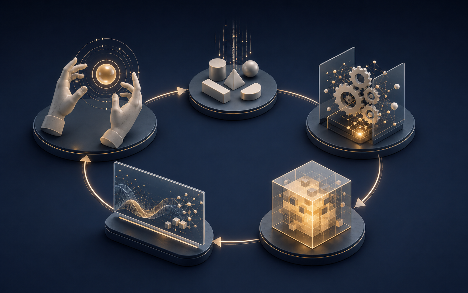 Abstract conceptual illustration of a generic interactive loop, with input, rules, state and presentation represented as distinct connected layers.