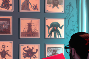 Illustration for a video game development website. The image is of a Lovecraftian themed set of video game designs on the wall of an indie studio, with a game developer looking at the images and taking notes.