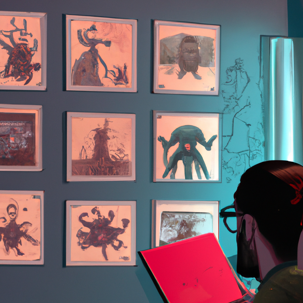 Illustration for a video game development website. The image is of a Lovecraftian themed set of video game designs on the wall of an indie studio, with a game developer looking at the images and taking notes.